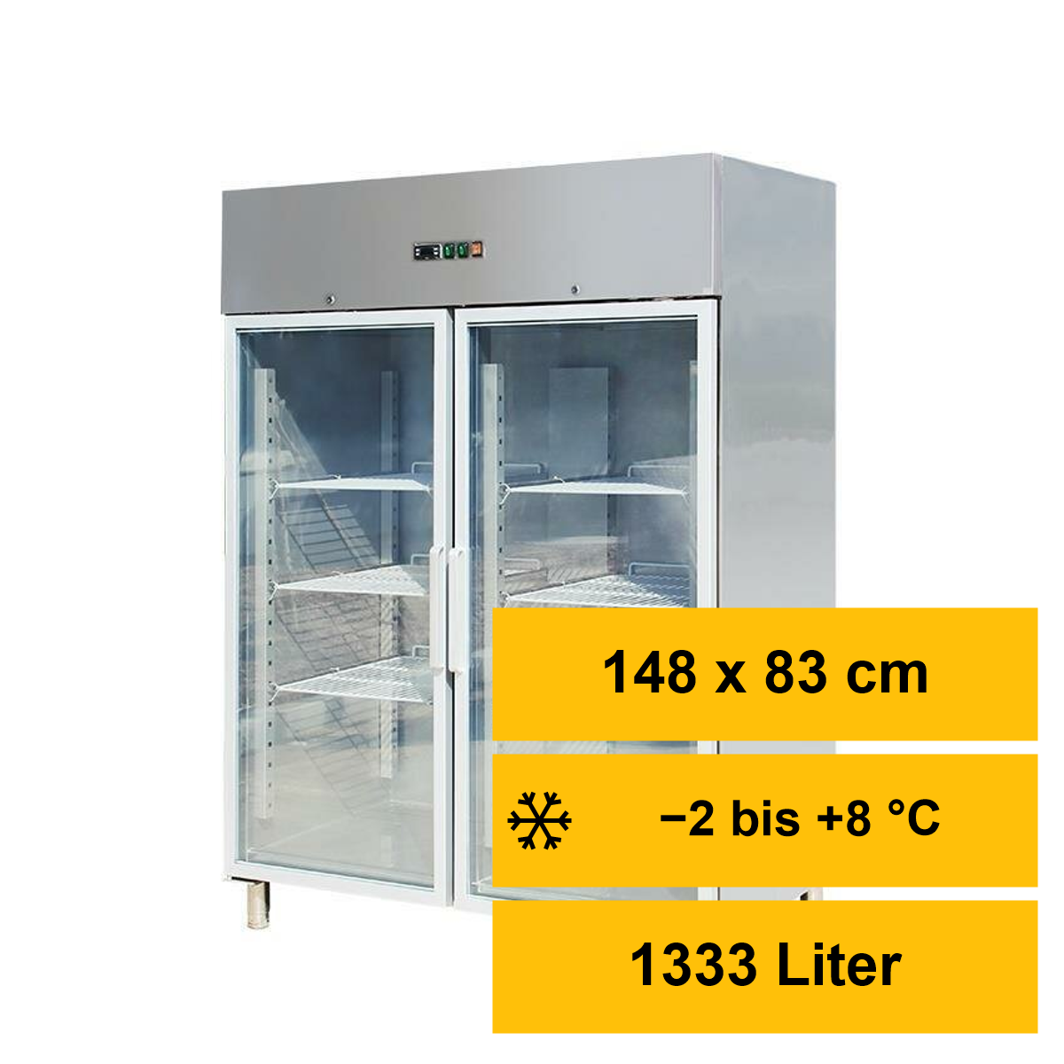 Gastro-Kühlschrank Edelstahl mit Glastür, 1333 Lit