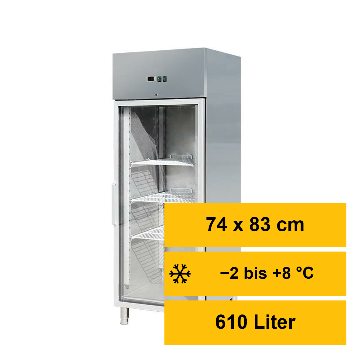 Gastro-Kühlschrank Edelstahl mit Glastür, 610 Lite