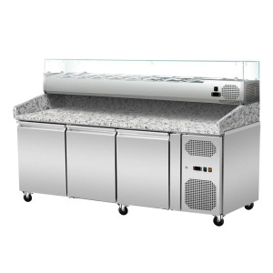 Pizza Kühltisch, Granit rosa-grau, 3 Türen, 203 x 80 Kühlaufsatz GN1/3 mit Glas