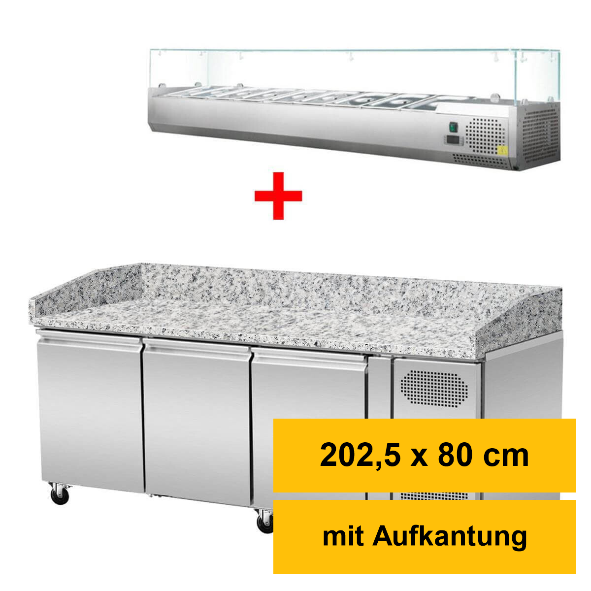 Pizza Kühltisch, Granit rosa-grau, 3 Türen, 203 x 