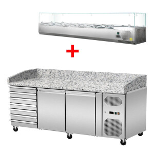 Pizza Kühltisch, Granit rosa-grau, 2 Türen 7 ungek. Schubladen, 203 x 80 Kühlaufsatz GN1/3 mit Glas