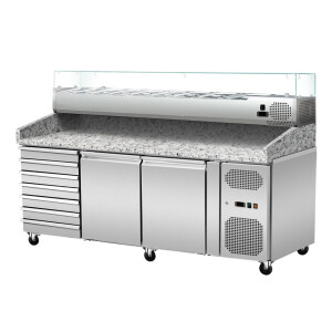 Pizza Kühltisch, Granit rosa-grau, 2 Türen 7 ungek. Schubladen, 203 x 80 Kühlaufsatz GN1/3 mit Glas