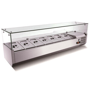 Pizza Kühltisch, Granit rosa-grau, 2 Türen 7 ungek. Schubladen, 203 x 80 Kühlaufsatz GN1/3 mit Glas