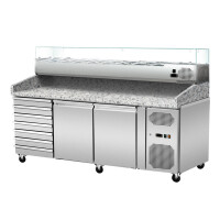 Pizza Kühltisch, Granit rosa-grau, 2 Türen 7 ungek. Schubladen, 203 x 80 Kühlaufsatz GN1/3 mit Glas