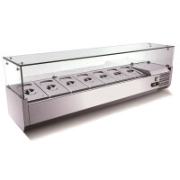 Pizza Kühltisch, Granit rosa-grau, 2 Türen 7 ungek. Schubladen, 203 x 80 Kühlaufsatz GN1/3 mit Glas